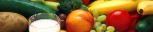 Healthy food including fruit, vegetables and milk